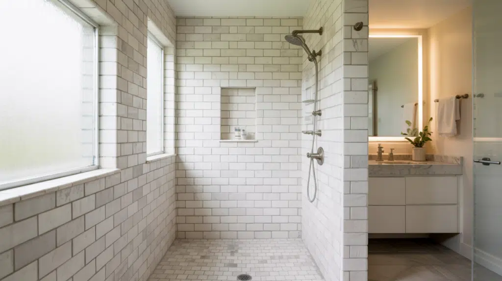 wall to wall tile walk in shower small bathroom ideas