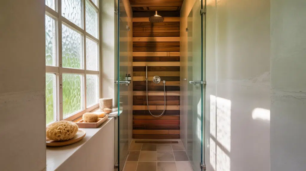 warm wood accents walk in shower small bathroom ideas