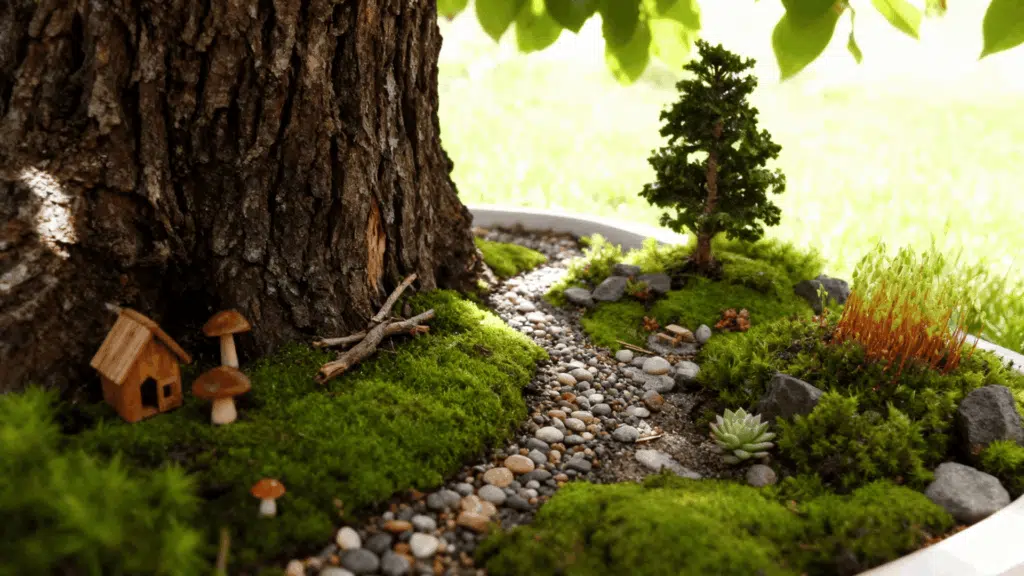 woodland fairy garden with moss and small stones