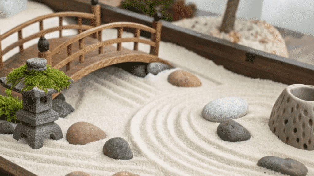 zen style fairy garden with pebbles and rakes