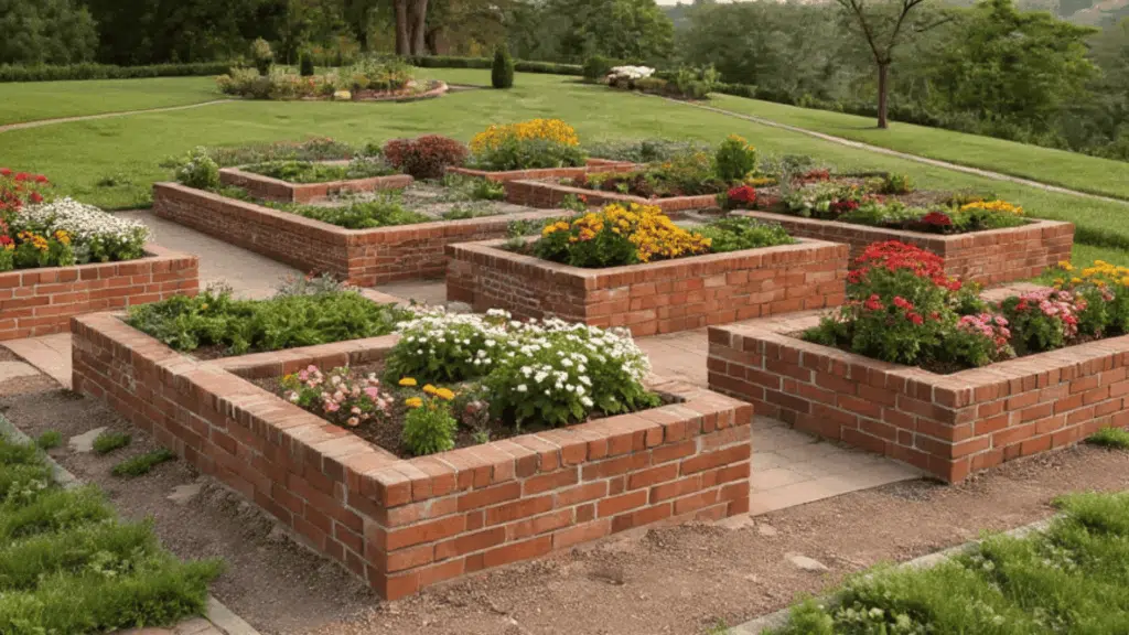 brick raised flower beds along walkways