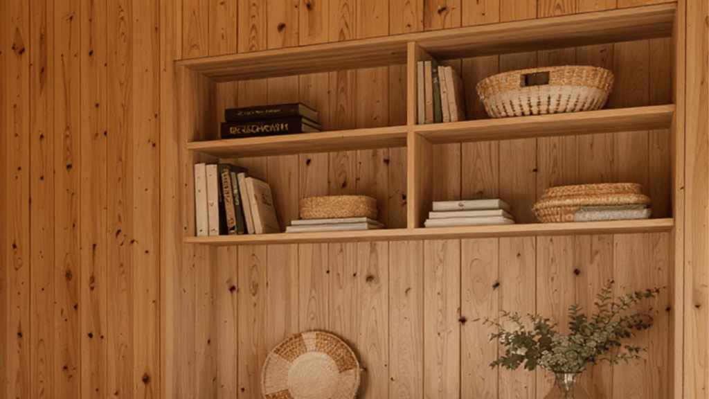 cozy small cabin interior open shelving