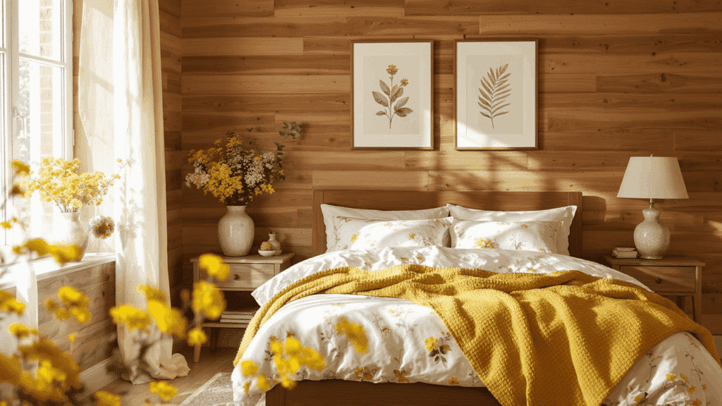 cozy-small-cabin-interior wood paneled walls in light or honey tones
