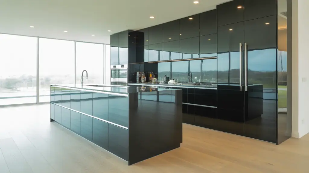 glossy black cabinets for light interaction