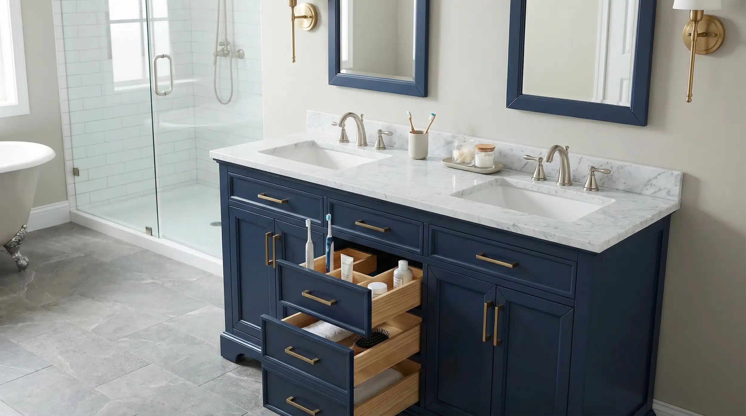 Lets readers see a generous double-sink navy vanity with ample storage, supporting the ‘showstopper’ positioning for busy households.