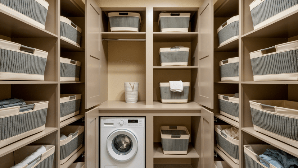 matching baskets open laundry room shelves