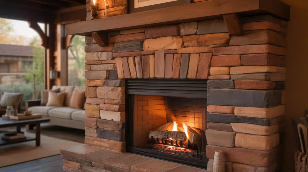 mixed stone fireplace