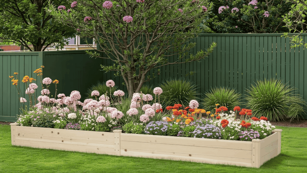 rectangular wooden raised flower beds