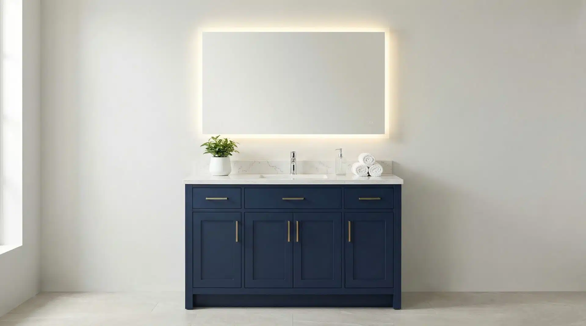 Serves as the hero image to immediately show a stylish navy vanity in a modern bathroom and visually set the tone for the entire article.