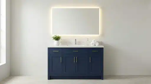 Serves as the hero image to immediately show a stylish navy vanity in a modern bathroom and visually set the tone for the entire article.