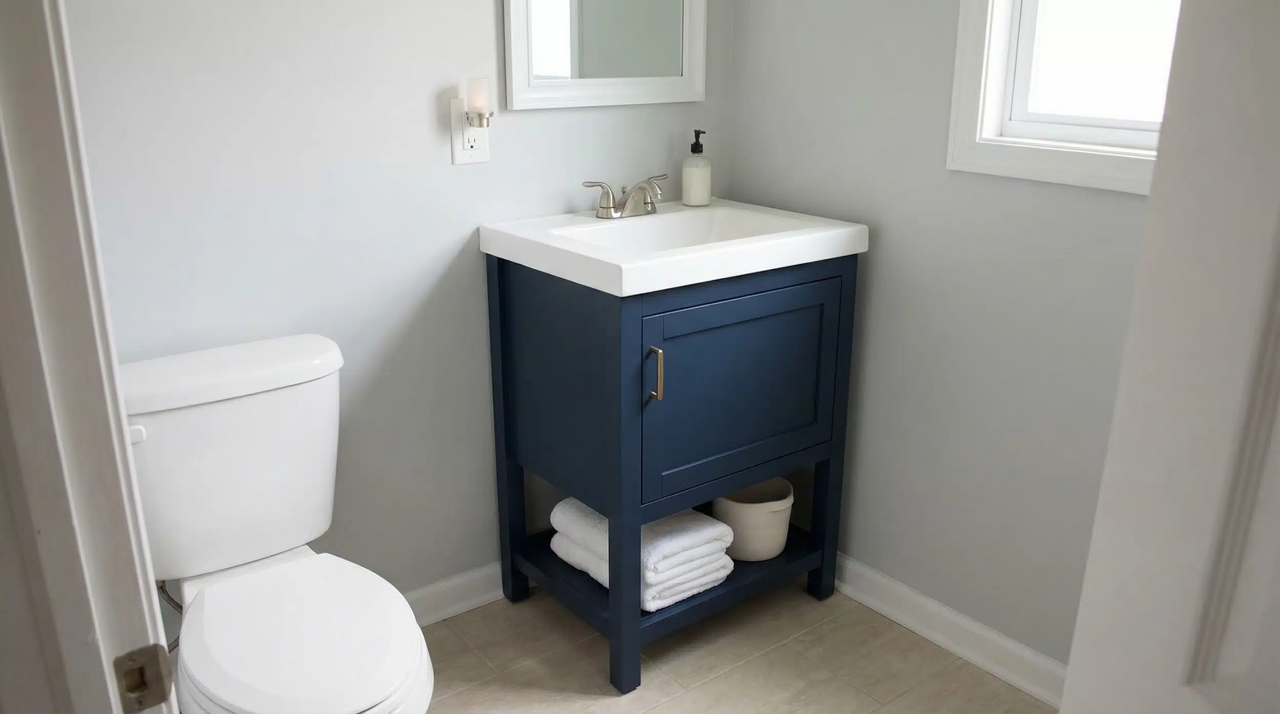 Shows what a stylish but affordable navy vanity looks like in a real-world bathroom, reinforcing the value-focused nature of this pick.