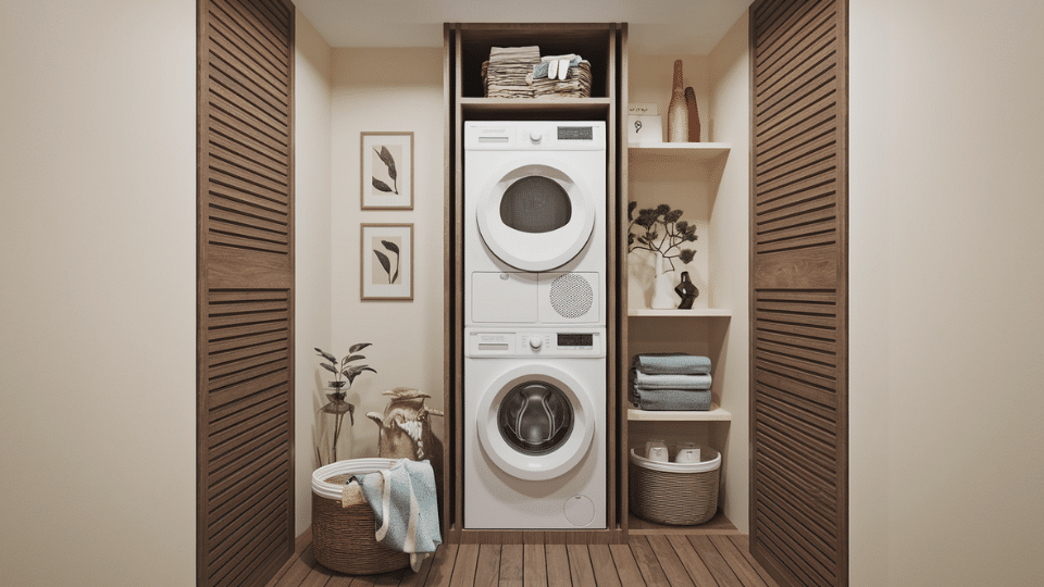 stacked washer dryer small laundry room