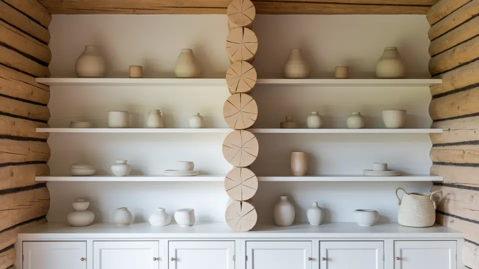 style open shelves with pottery