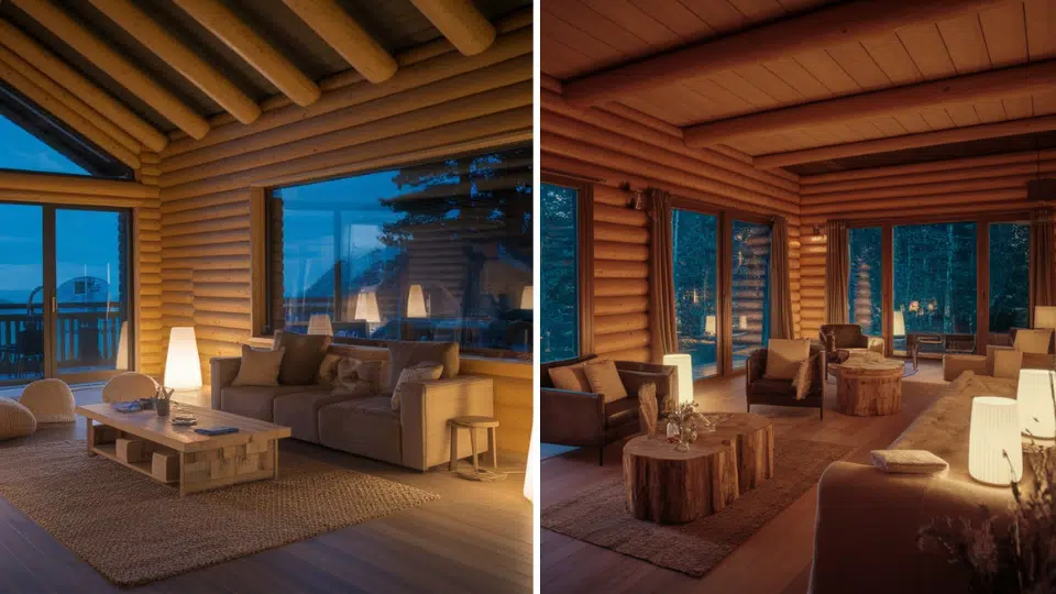 switch to warm lighting in modern log cabin