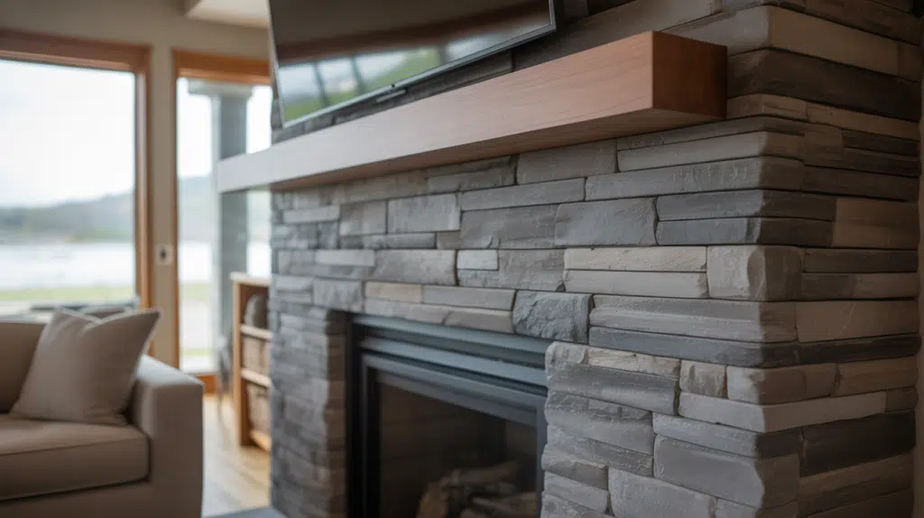 tight joint ledgestone fireplace