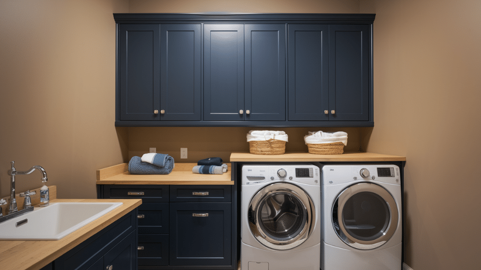 two tone laundry room cabinets and walls