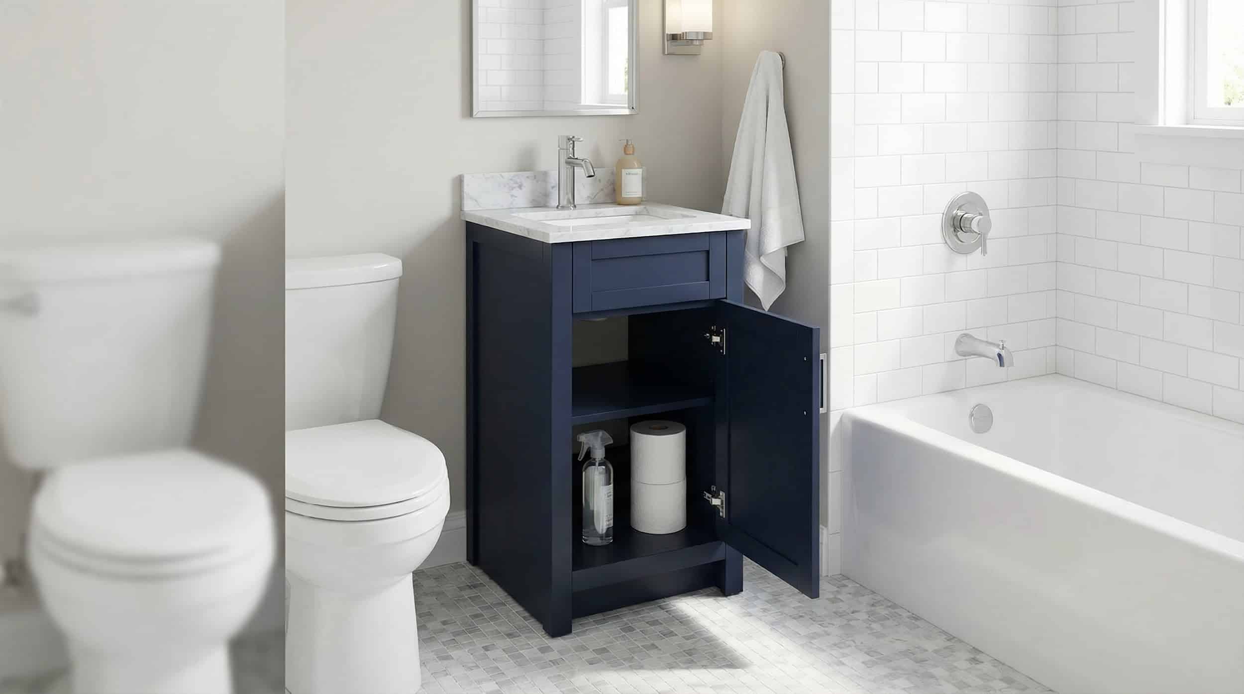Visually demonstrates how a narrow navy vanity fits between toilet and tub, helping small-space readers picture the layout.