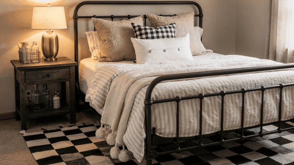 white bedroom With black accents