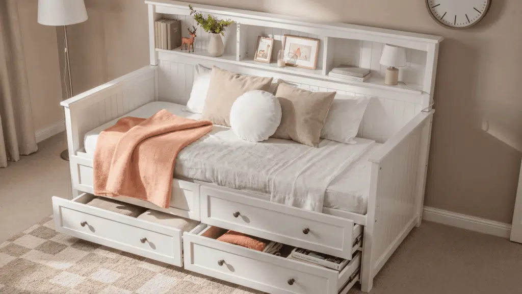 white bedroom With built In storage