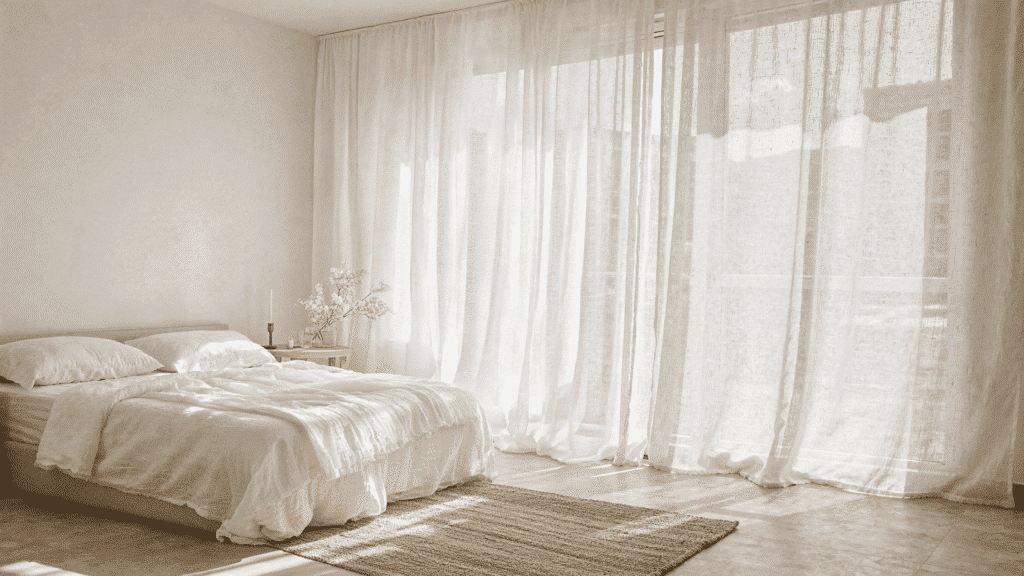 white bedroom With floor to ceiling curtains
