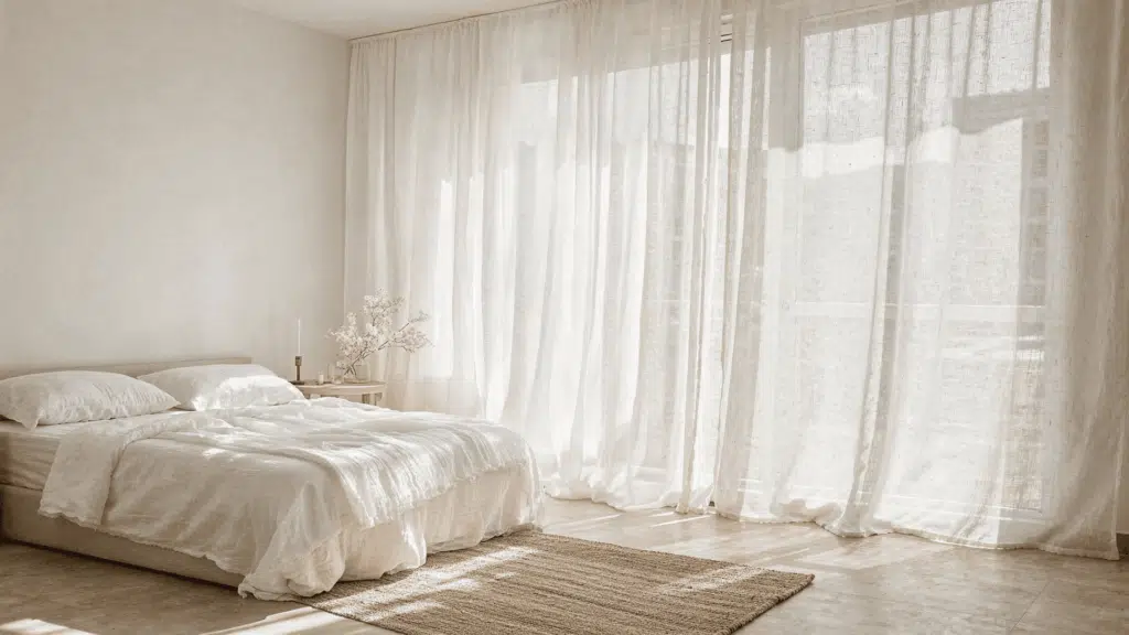 white bedroom With floor to ceiling curtains