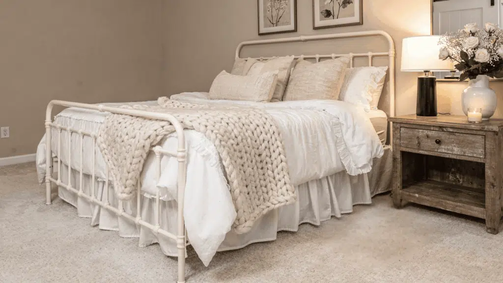 white bedroom With layered textiles