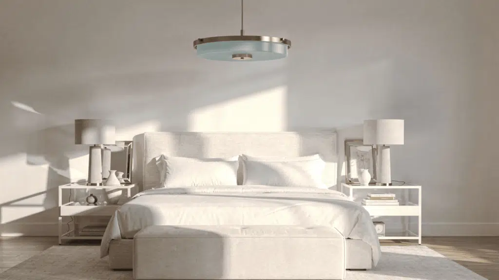 white bedroom With statement lighting