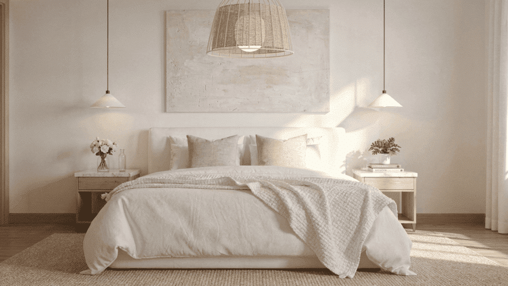 white bedroom With warm wood accents white bedroom