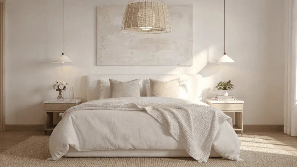 white bedroom With warm wood accents white bedroom
