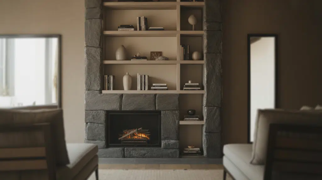 wide shelving fireplace