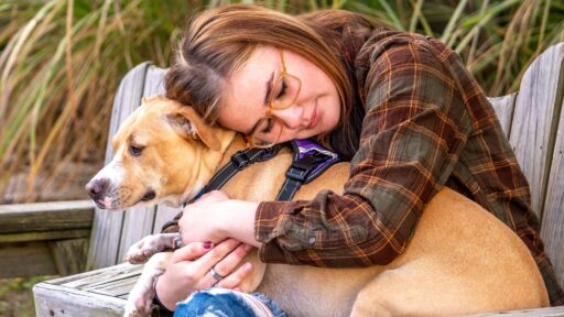 A young girl with epilepsy hugging a brown dog and wondering about how to get a free service dog for epilepsy
