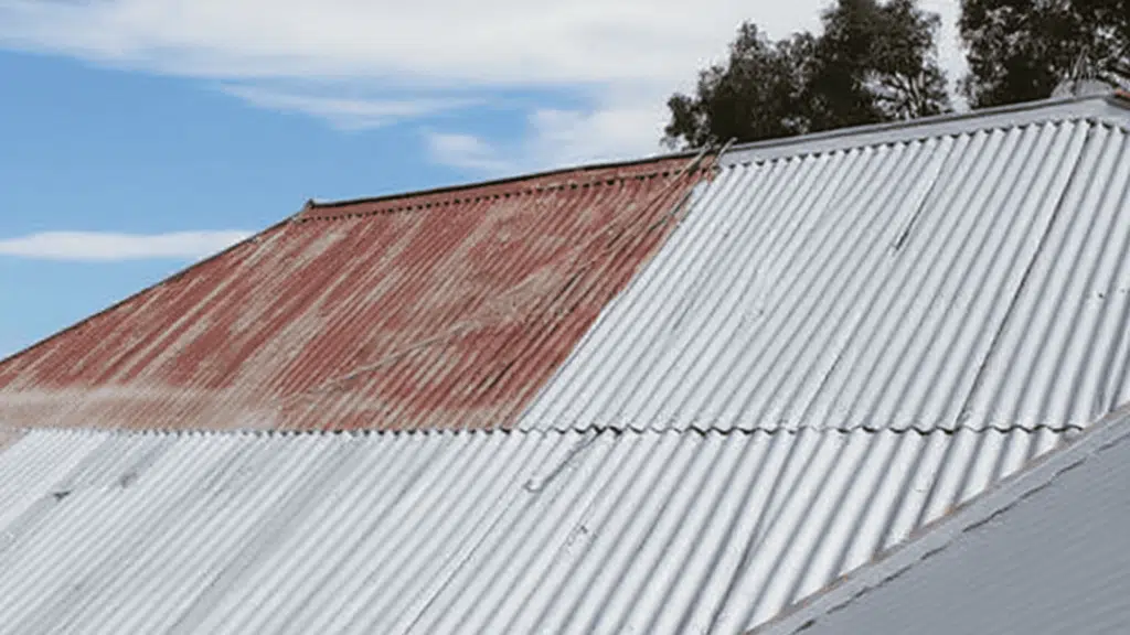 Rusted corrugated metal roof alongside a newer, unpainted metal section under a blue sky. Trees in the background suggest an outdoor setting.