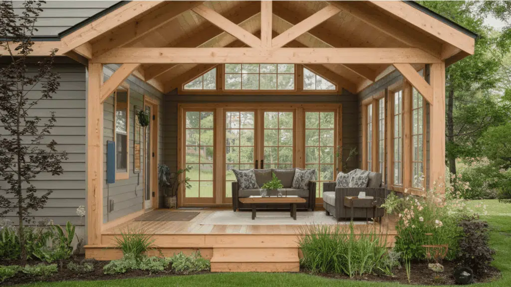 a cozy 3-season room with large windows and natural wood features, surrounded by greenery.