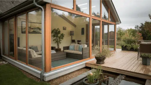 a modern 3-season room with wooden framing, large glass windows, and a cozy seating area, overlooking a wooden deck and garden