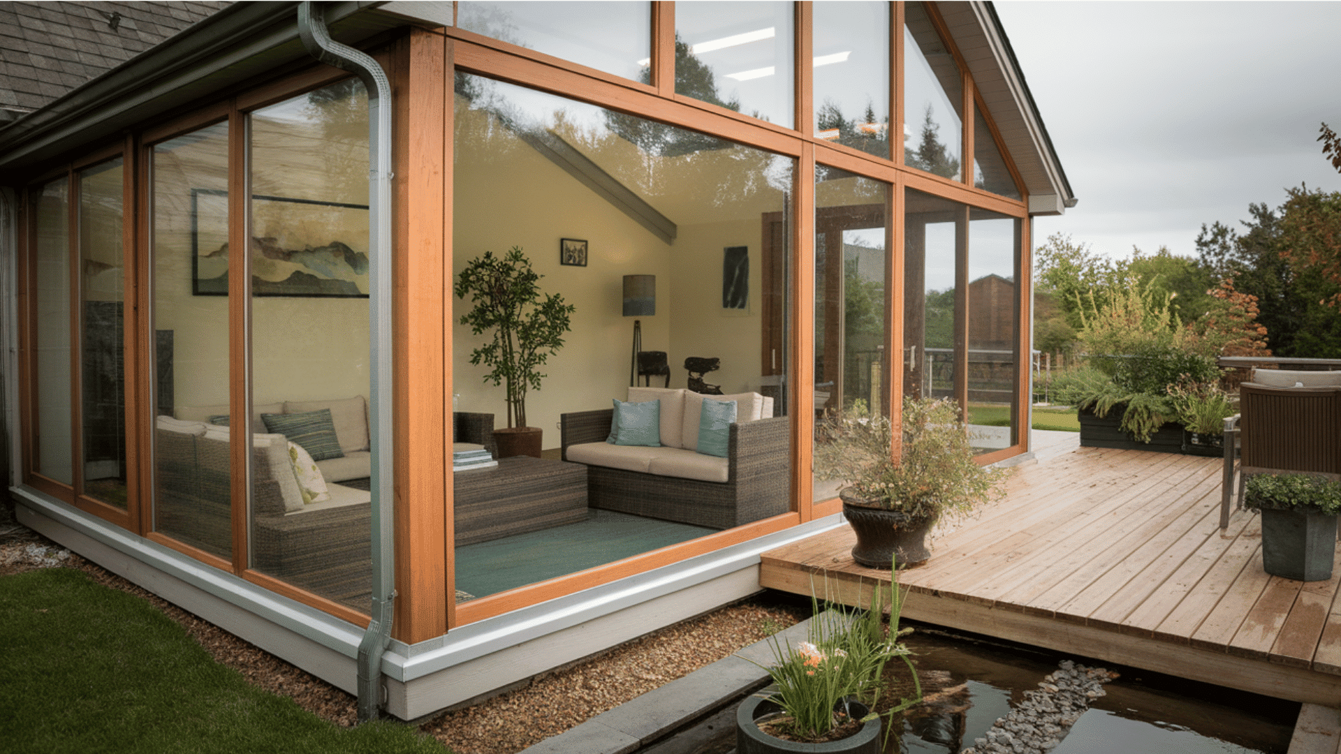 a modern 3-season room with wooden framing, large glass windows, and a cozy seating area, overlooking a wooden deck and garden