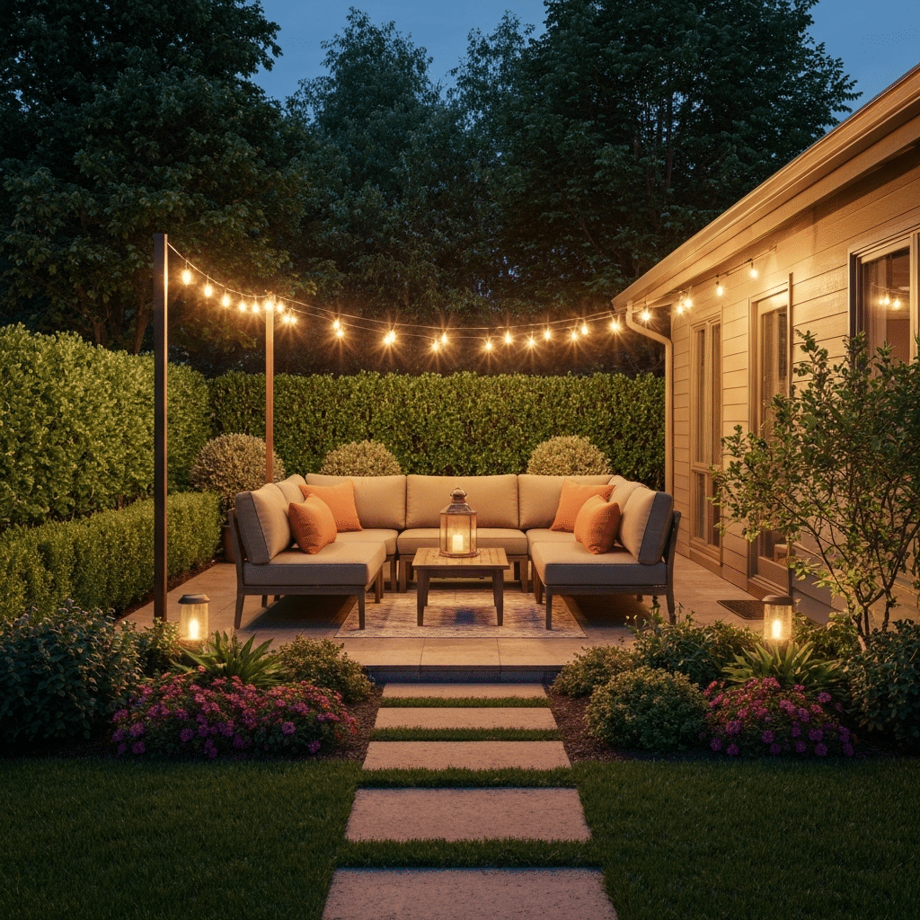 Backyard patio with lighting