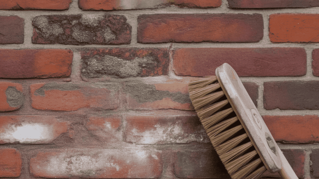 cleaning brick wall with a brush to remove dust