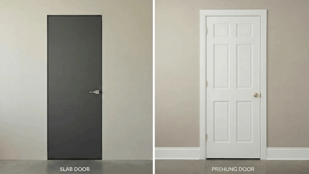 comparison of slab door and prehung door, showcasing modern and traditional designs