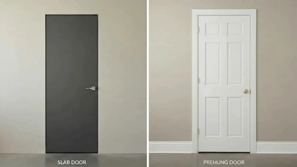 comparison of slab door and prehung door, showcasing modern and traditional designs