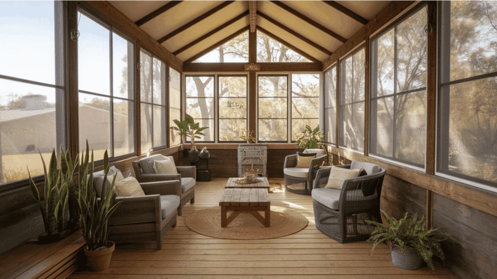 cozy sunroom with large windows, comfortable seating, and plants, offering a bright and airy atmosphere