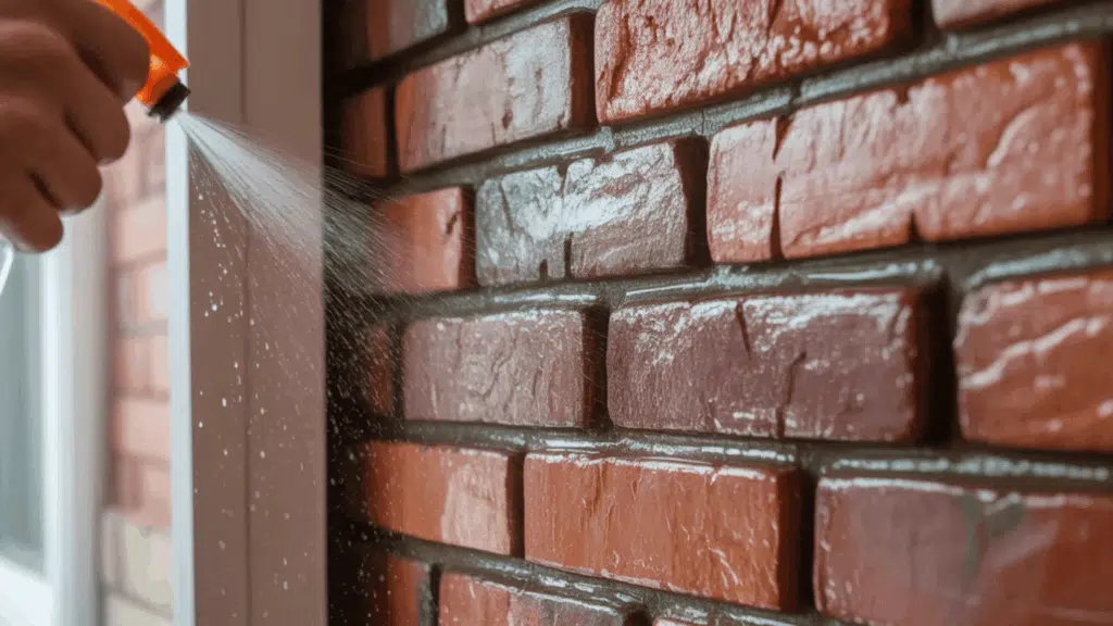 damping wall with a water spray before lime washing