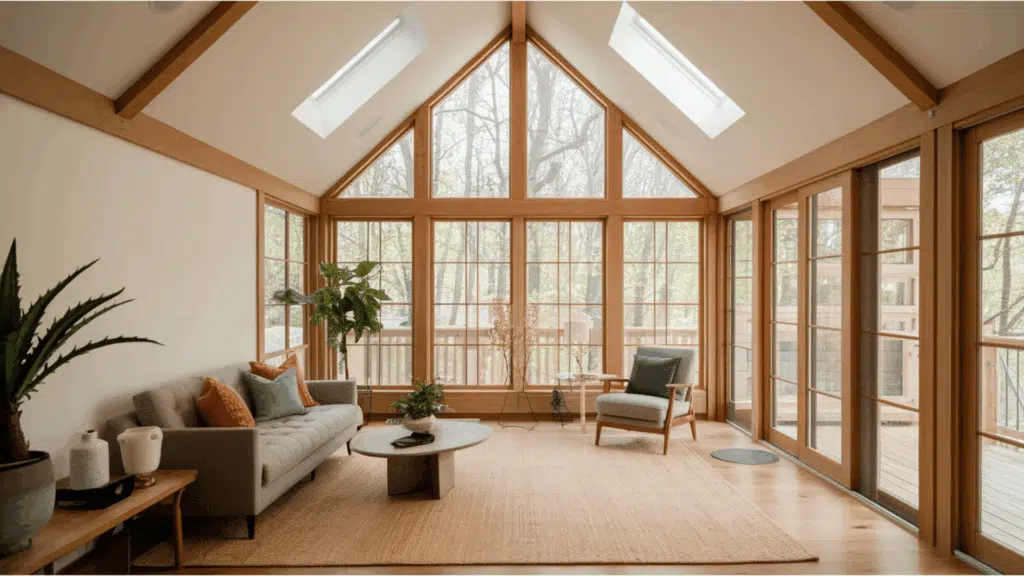 gable-roofed seasonal room with large windows and a bright, airy design opening to outdoor views.