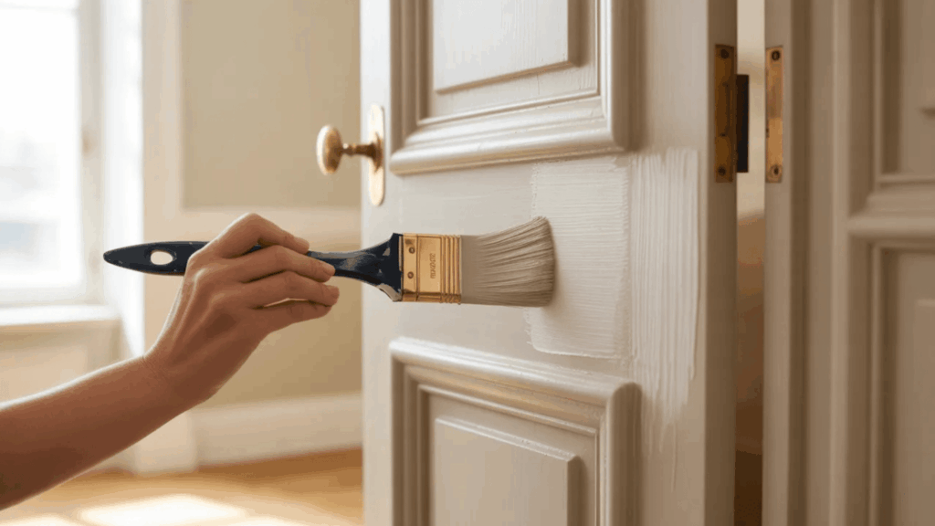 hand painting a paneled interior door with white paint using a brush