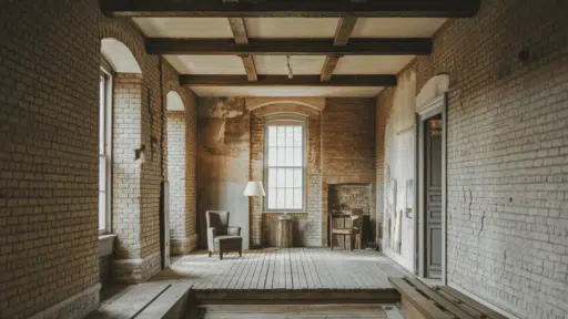 interior of an old american home with exposed brick walls peeling plaster and original wood beam ceiling