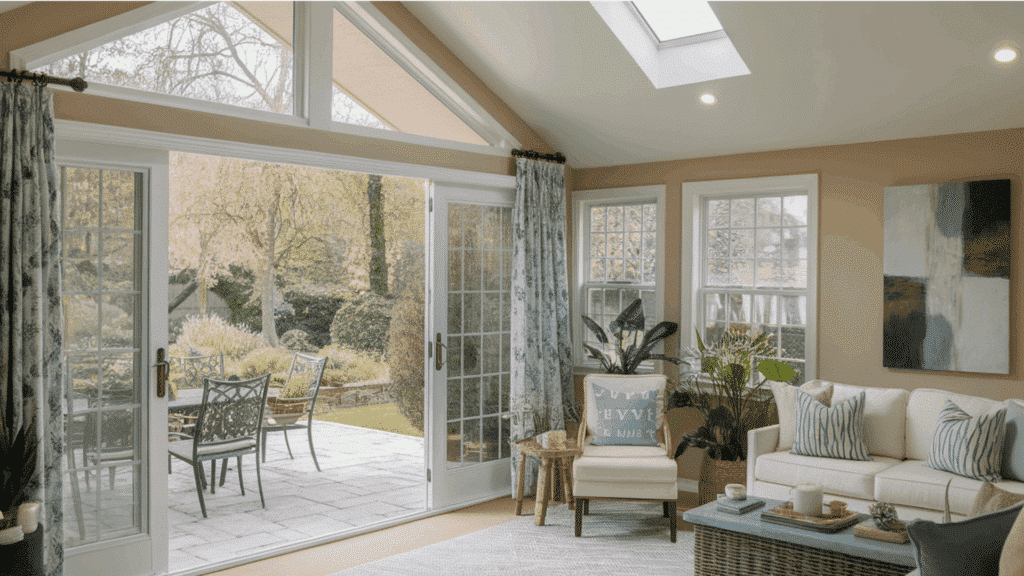 modern 3-season room featuring large windows, comfortable seating, and a view of nature