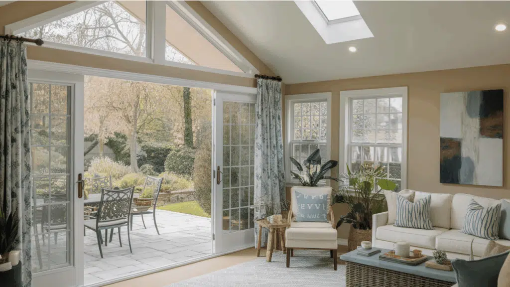 modern 3-season room featuring large windows, comfortable seating, and a view of nature