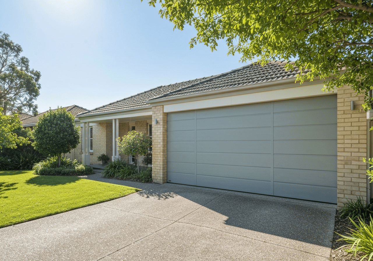Modern garage door on sunny day