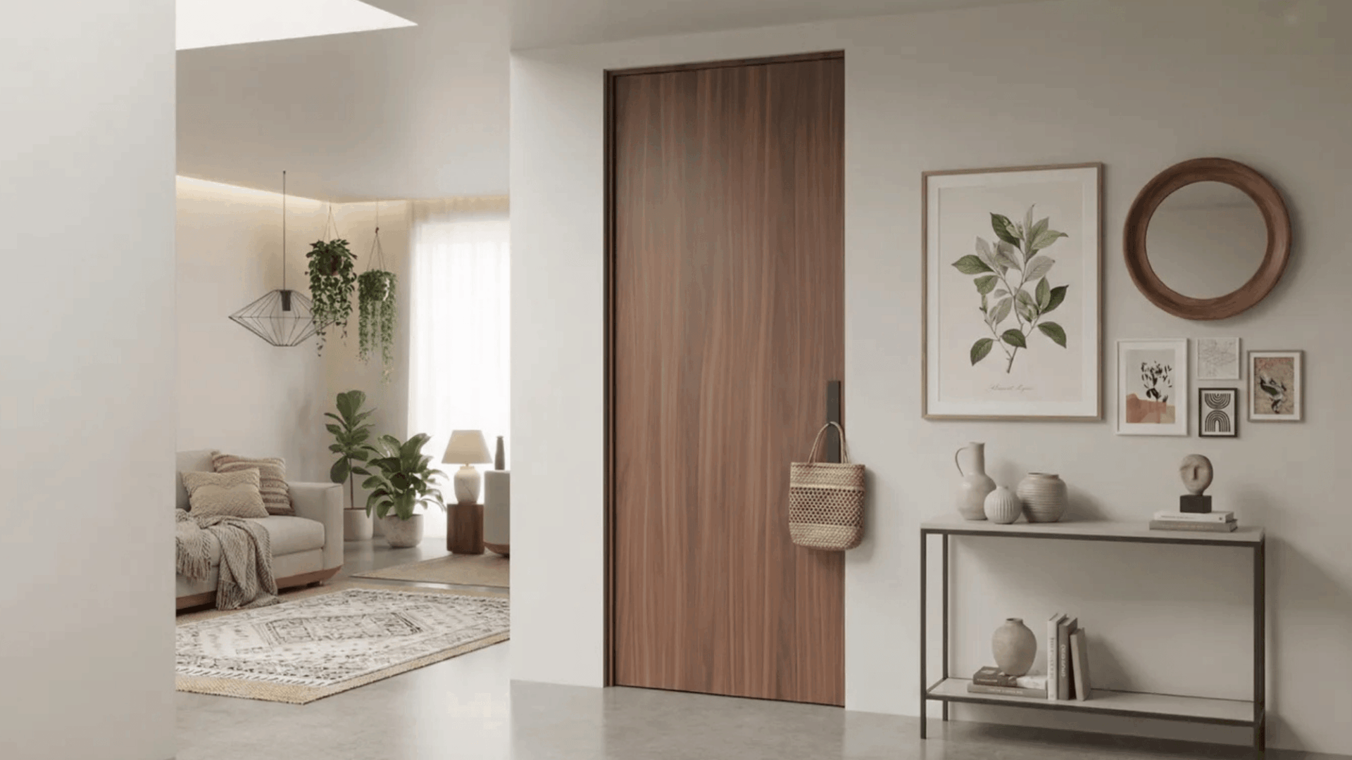 modern interior with a wooden slab door, cozy sofa, plants, and decorative artwork on a console table