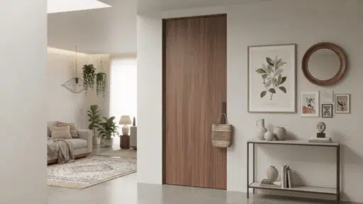 modern interior with a wooden slab door, cozy sofa, plants, and decorative artwork on a console table
