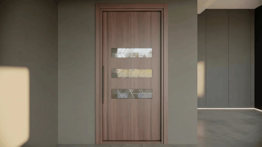 modern wooden slab door with three horizontal frosted glass panels and a sleek vertical handle